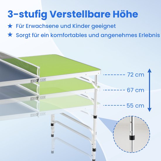 3-traps in hoogte verstelbare pingpongtafel. Toont de hoogtes 72 cm, 67 cm en 55 cm.