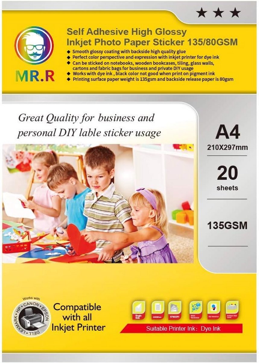 Glanzend Zelfklevend Fotopapier A4 voor Inkjetprinters - Wit en Bedrukbaar Stickerpapier