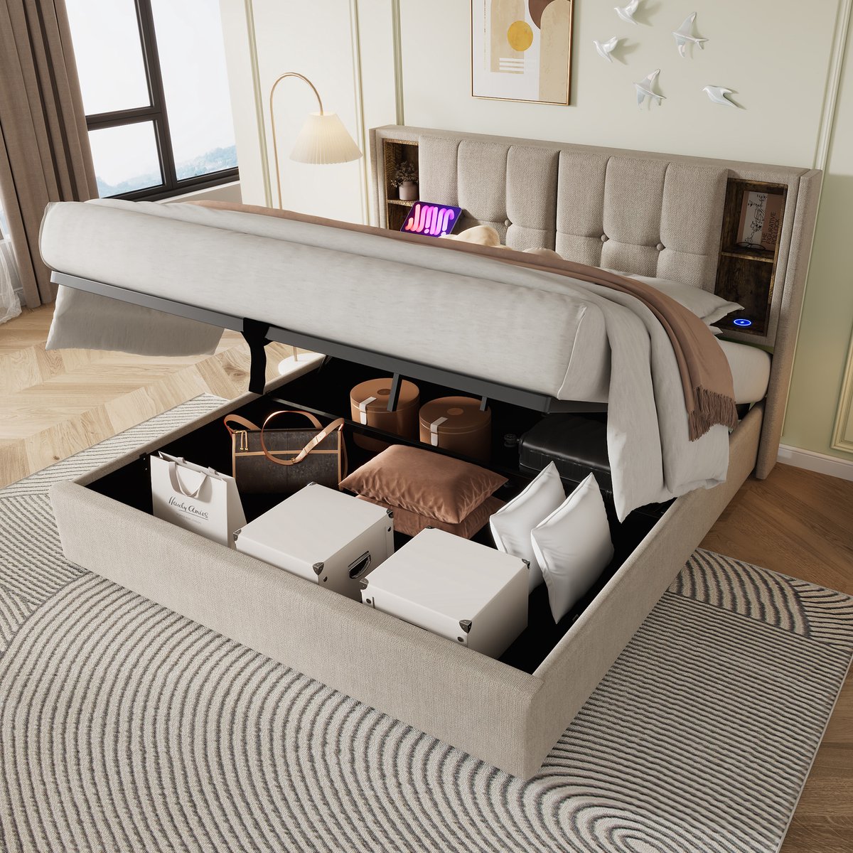 REDOM Opbergbed 140x200 cm – Hydraulisch Bedframe Met Opbergruimte – Draadloos Laden, USB & Type-C – Moderne Slaapkamer – Linnen – Naturel Natuurlijk