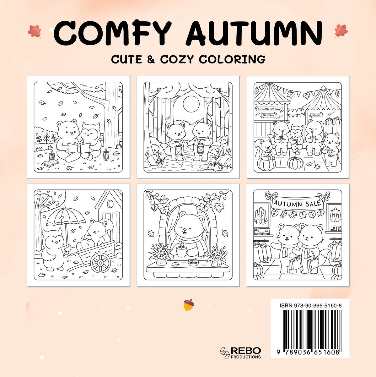 Pagina's uit "Comfy Autumn - Cute & Cozy Coloring". Zes zwart-wit tekeningen met beren en katten in herfsttaferelen, sommige bij een kraampje of met paraplu.