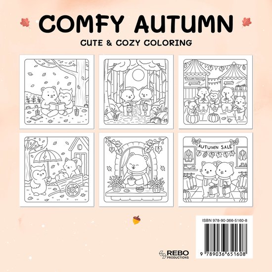 Pagina's uit "Comfy Autumn - Cute & Cozy Coloring". Zes zwart-wit tekeningen met beren en katten in herfsttaferelen, sommige bij een kraampje of met paraplu.