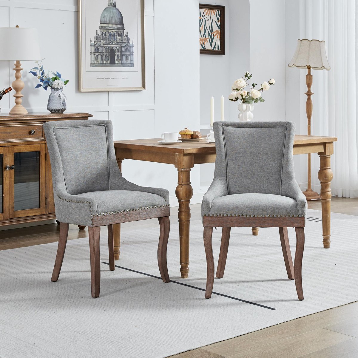 Clruro Eetkamerstoelen - Set van 2 - Luxe Gestoffeerd met Bronzen Nieten - Massief Houten Poten - Stof - Grijs