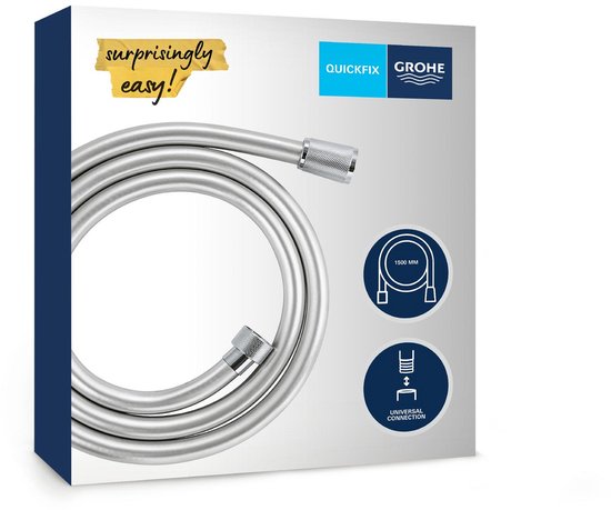 Doos met een zilverkleurige doucheslang, tekst 'surprisingly easy!' en GROHE logo.
