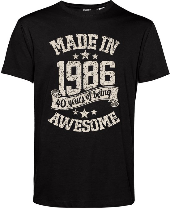 T-shirt noir Vundy avec inscription : 'MADE IN 1986', '40 years of being AWESOME'.