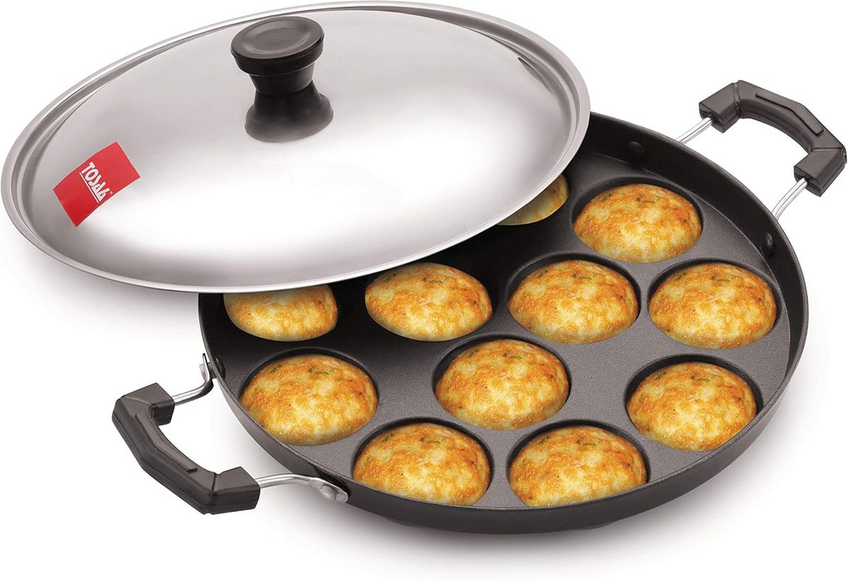 Appam Pan met Deksel - 12 Caviteiten - Non-Stick Paniyaram Pan met Zijhandvat