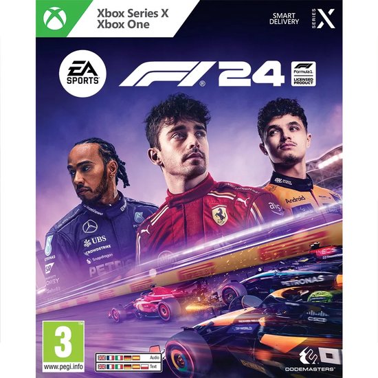 F1 24 gamecover met coureurs Lewis Hamilton, Charles Leclerc en Lando Norris, en racewagens.