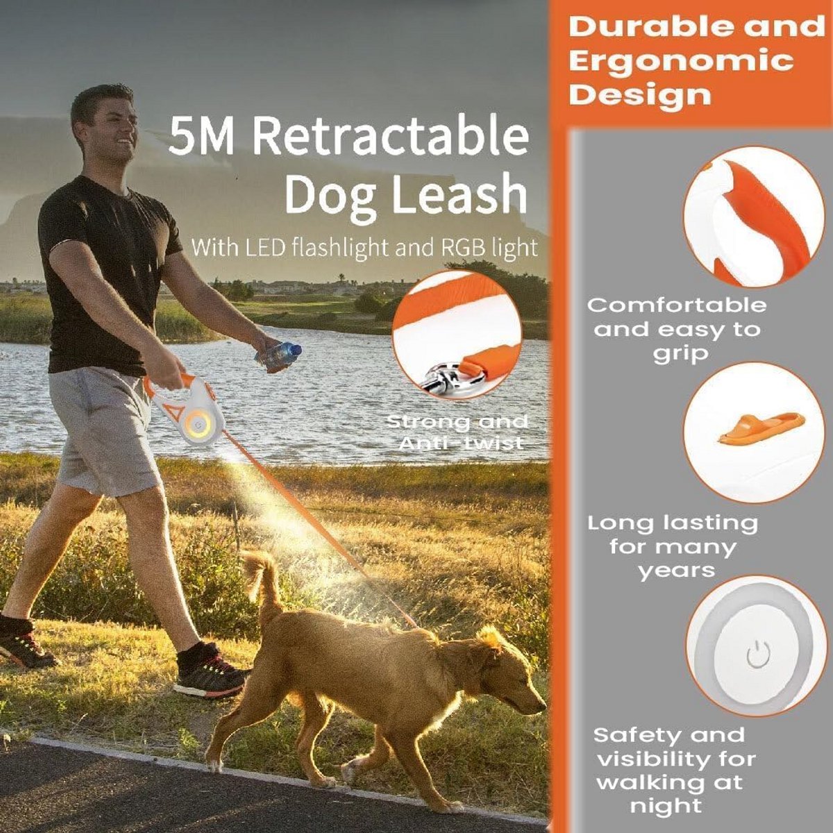Intrekbare Hondenriem 3 Meter Ovaal 360° Klitvrij met Ingebouwde Zaklamp en Afvalzakdispenser