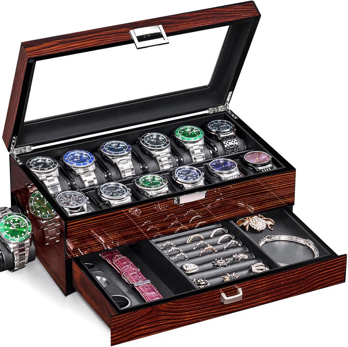 Luxe Houten Horlogedoos voor 12 Horloges met Glas Plafond en Lade - Horloge Presenteerdoos