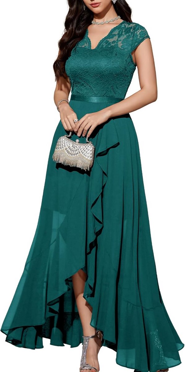 Elegante V-hals Avondjurk met Kant en Chiffon - Hi-Lo Model