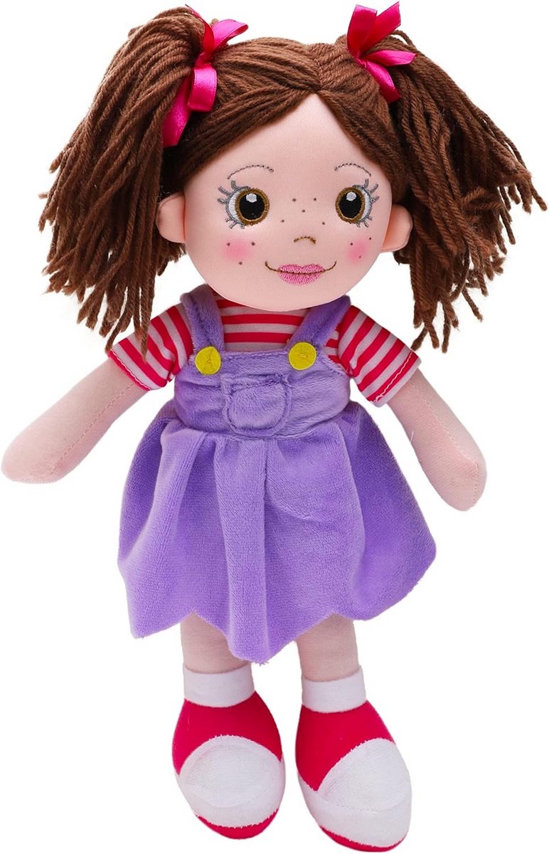 Grote Pluchen Knuffelpop Ragdoll 45 cm met Paarse Jurk - Zacht Speelgoed voor Kinderen vanaf 18 maanden