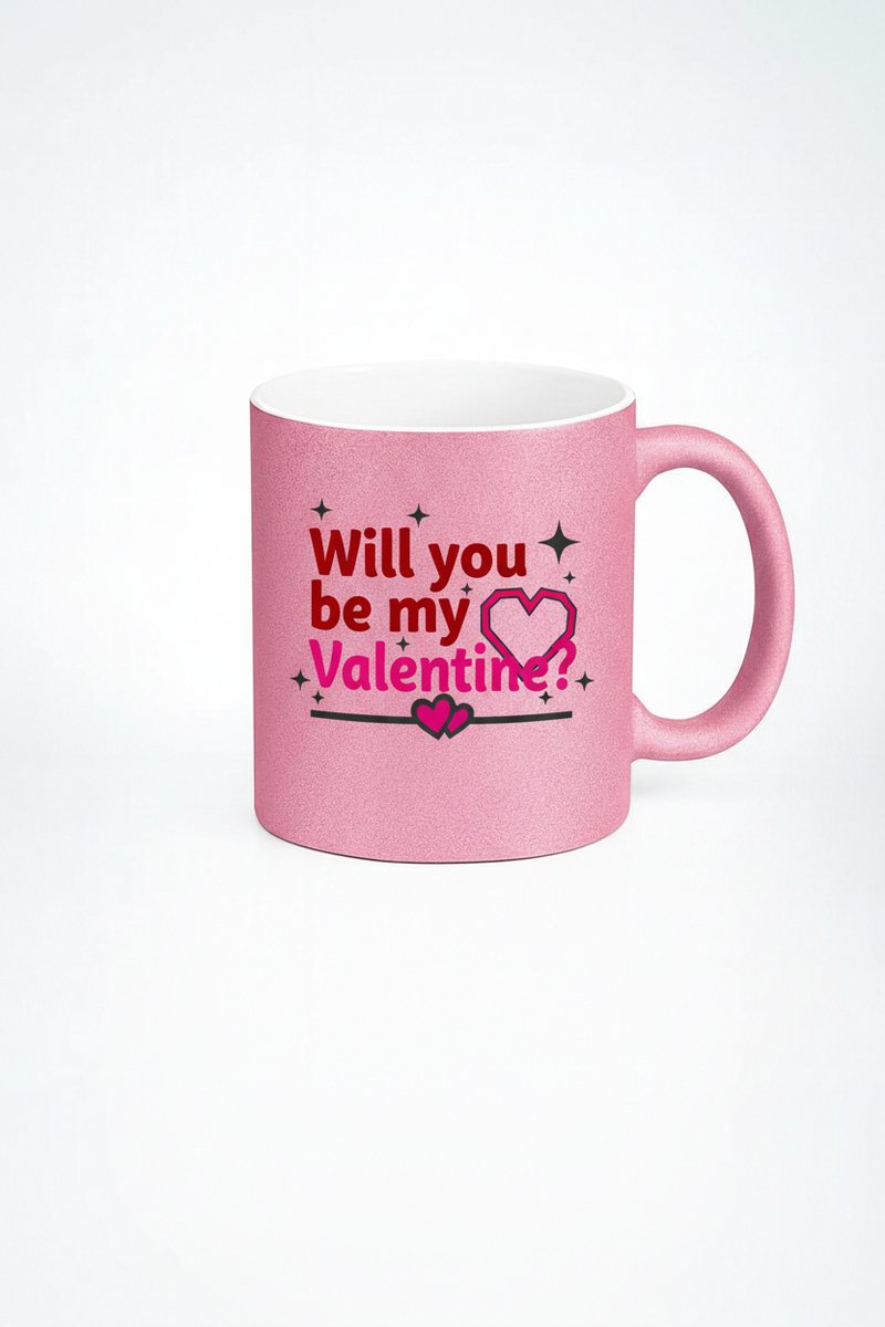 Roze Glitter Valentijn Mok - 'Will you be my Valentine?' Romantisch Cadeau