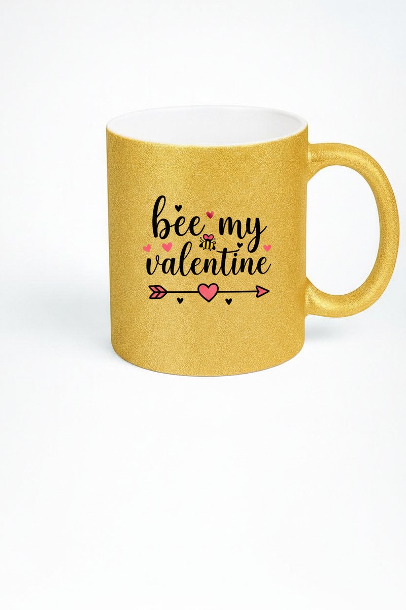 Gouden Glitter 'Bee My Valentine' Valentijn Mok - Romantisch Cadeau Liefde