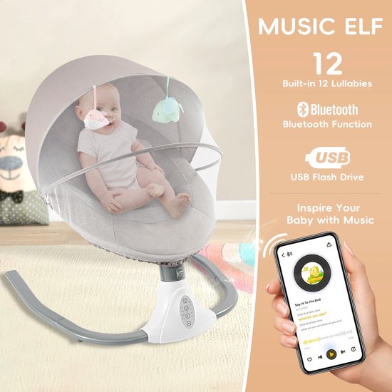 Elektrische Babyschommel - Baby Bouncer - 4 Schommelstanden - Bluetooth & Slaapliedjes - Met Zonnescherm en Klamboe — afbeelding 4