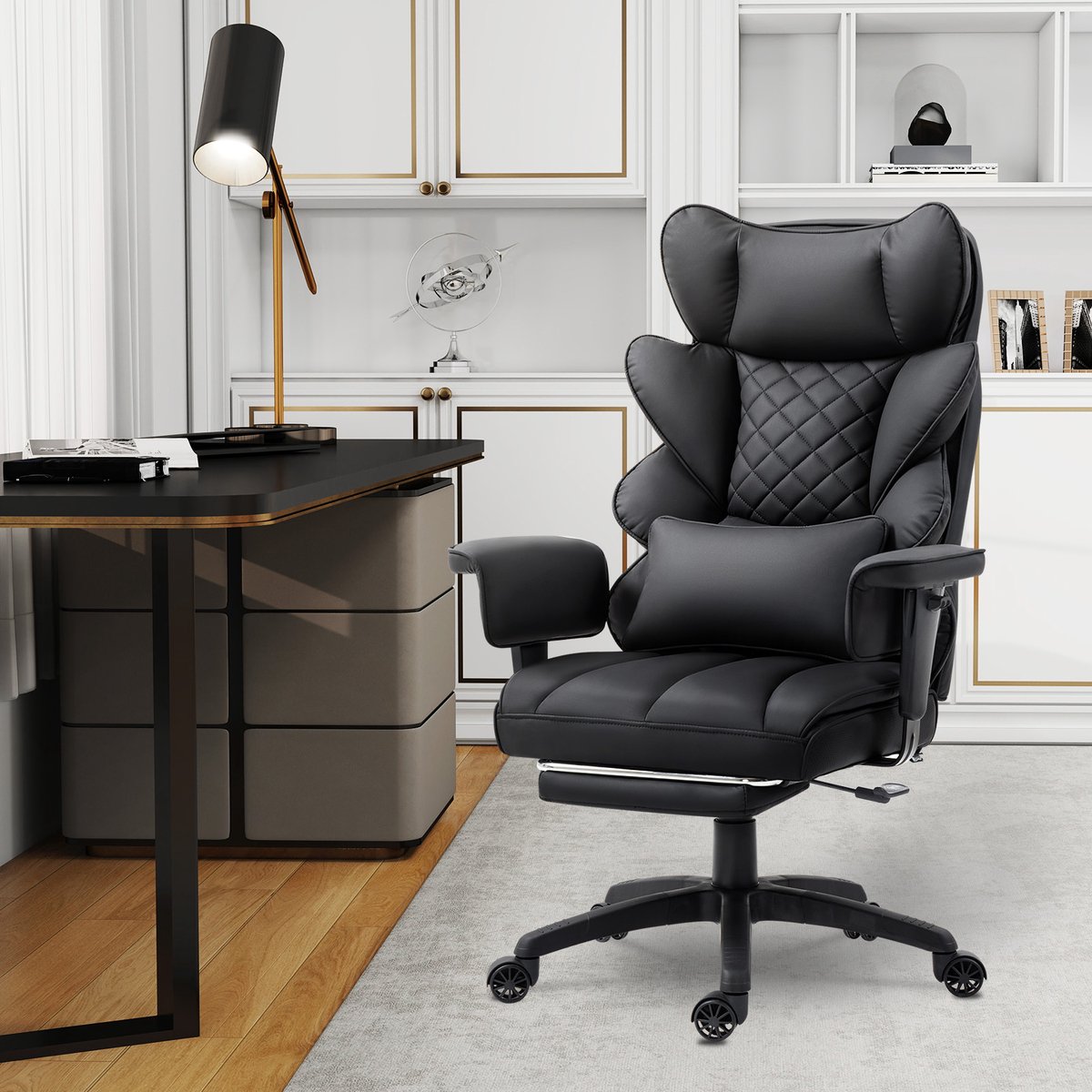 Dowinx Ergonomische Bureaustoel / Gamingstoel – Pocketveren Zitkussen – Dubbel gevoerde Rugleuning & Verstelbaar Lendenkussen – Met Armleuningen en Voetensteun – PU-leer – Zwart – foto 2