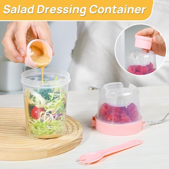 2 stuks Saladebeker - Ontbijtbeker - Yoghurtbeker - Masonbeker - Draagbaar - Met vork - Extern dipsausbakje - Geschikt voor woon-werkverkeer, buitenactiviteiten, kamperen, picknicks - Roze - Blauw - 9*19 cm - 560 ml — afbeelding 5