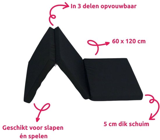 Zwart opklapbaar matras in 3 delen, 60 x 120 cm, 5 cm dik schuim, geschikt voor slapen en spelen.
