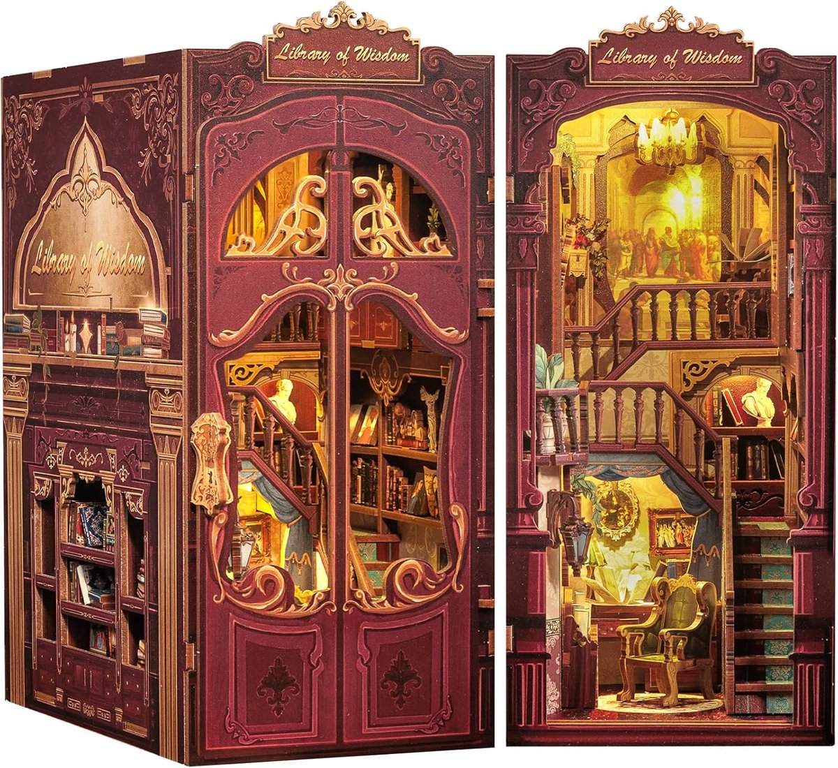 Miniatuur Huis - Boekenkast Decoratie - Hobby Knutselen - Met LED Verlichting - 18x11x23 cm - Wijsheid Bibliotheek
