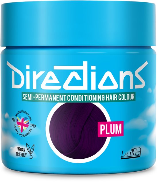 Blauwe pot met "Directions SEMI-PERMANENT CONDITIONING HAIR COLOUR" en "PLUM". Gevuld met paarse haarverf.