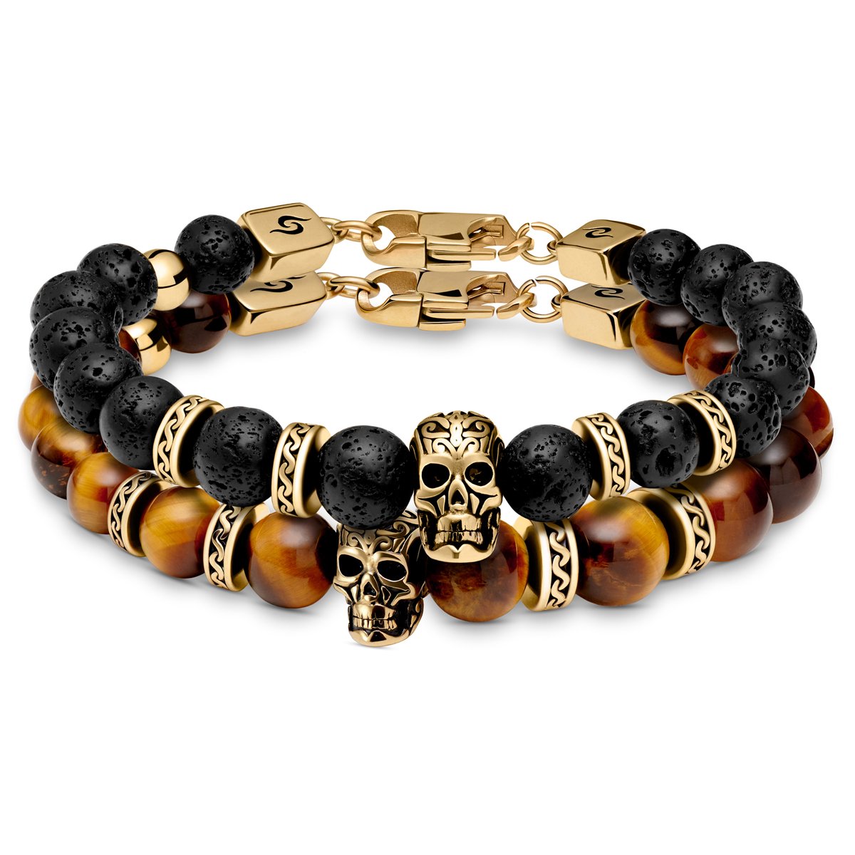 Rico | Goudkleurige Schedelarmbanden van Lavasteen en Tijgeroog