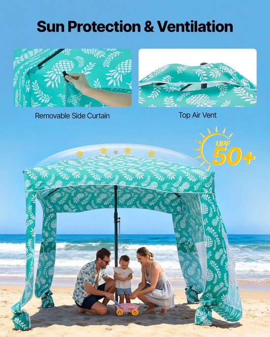 VEVOR Strandcabana 183x183cm, Strandluifel met Zijwanden, UPF 50+ Zonbescherming, Strandpaviljoen met Zandzakken, Lichtgroen Patroon van Vevor — afbeelding 3