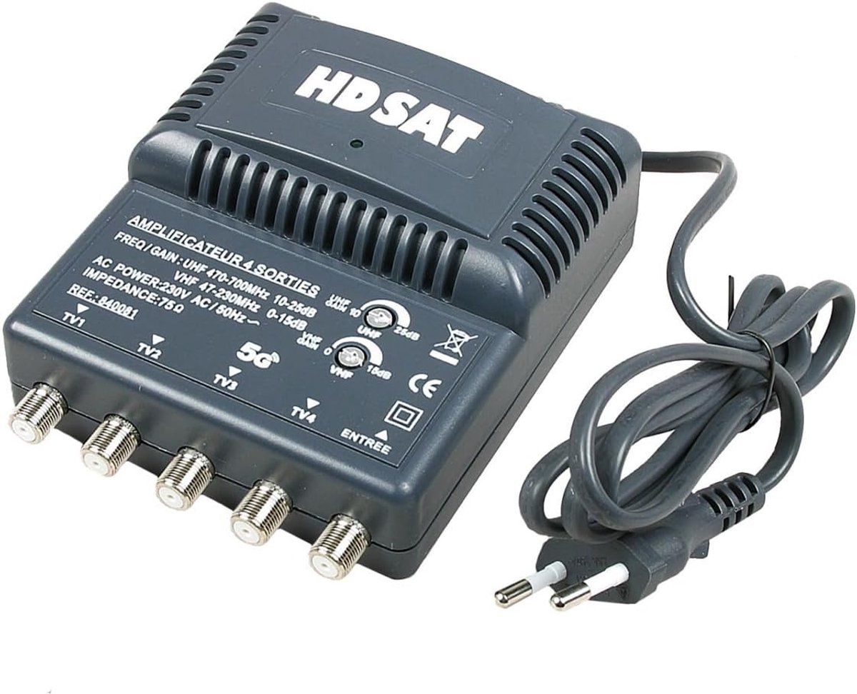 Signaal Versterker - Signaal Booster - Televisie Signaal - 4 Uitgangen - 25 dB - Grijs