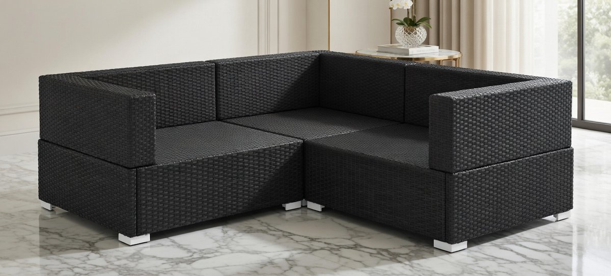 L-vormige 2-Zits Hoekbanken Set met Kussens – Zwart Poly Rotan Lounge Meubel, Tuinbank en Sofa voor Buiten, 70x70x54 cm, Weerbestendig, Modern Design House&Garden