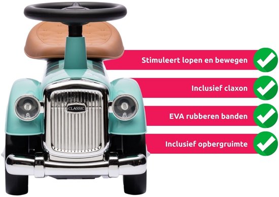 Eco Toys - Retro Loopauto - Wit - Met Claxon & Opbergruimte - Lekvrije EVA Banden - Vanaf 18 Maanden - Max. 25 kg