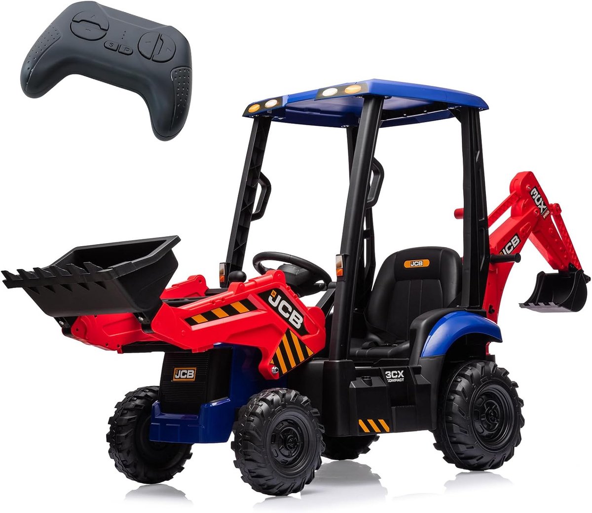 12V Elektrische Kindertractor 4-in-1 met Graafbak, Bulldozerblad en Afneembare Tent - 2,4G Afstandsbediening, Claxon, EVA-wielen, 2-4 km/u - Rood