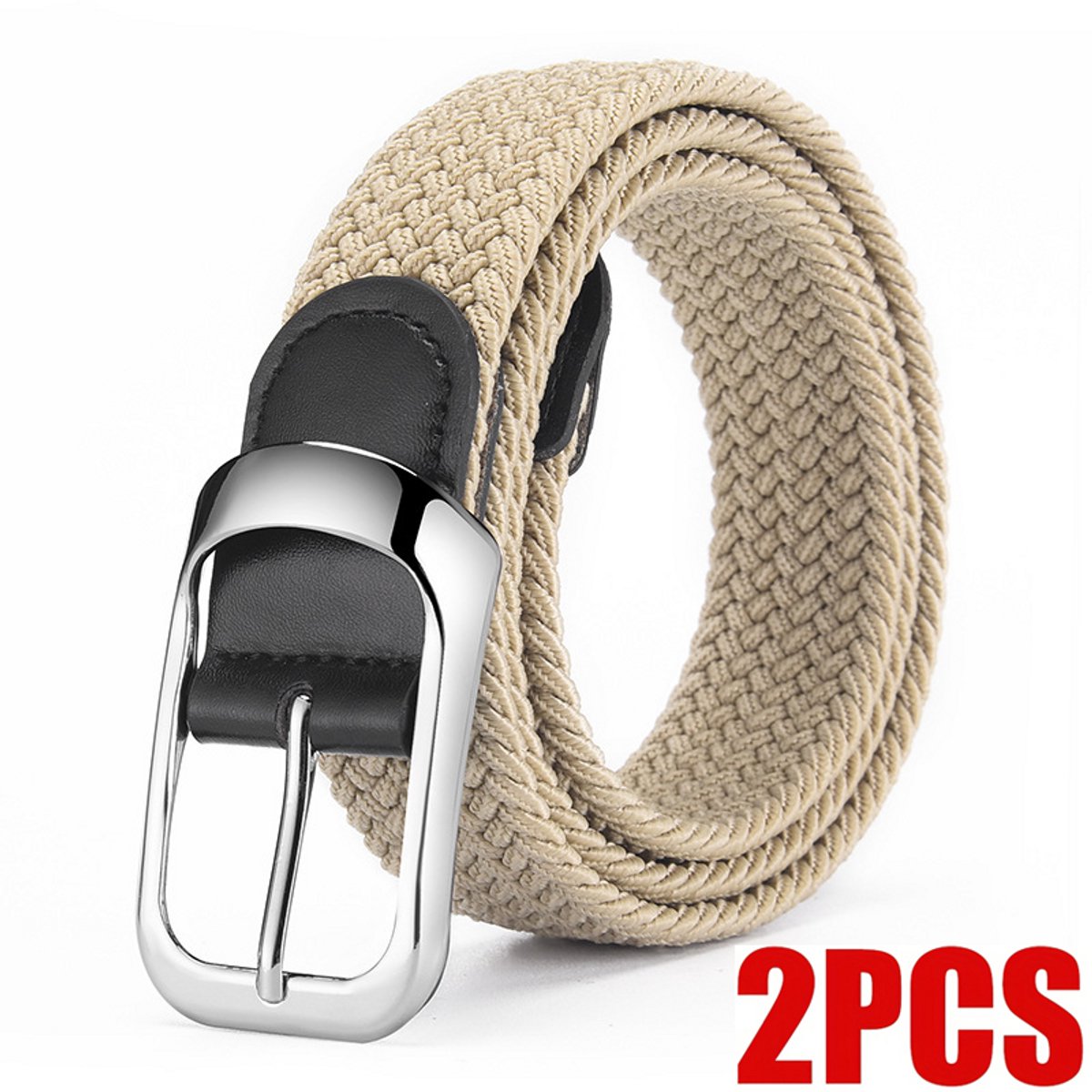 2pcs Khaki Breathable Nylon Canvas Belts, Retro Woven Design with Sturdy Zinc Alloy Buckle. Lightweight, durable for daily wear, hiking and outdoor use. Classic style fits jeans and casual pants, unisex.
