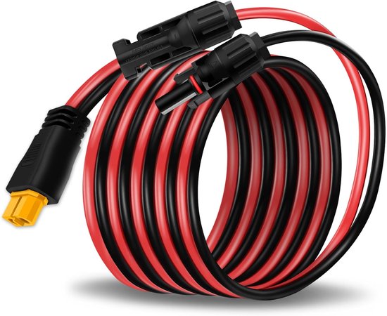 Opgerolde zwarte en rode kabel met een XT60 female connector en twee zwarte MC4 solar connectoren.