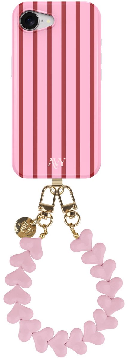 AVY Hoesje Met Telefoonkoord | Geschikt voor Apple iPhone 17e / 16e | Compatibel met MagSafe | Hard Shell Back Cover | Stijlvol Bijpassend Koord 30CM | Linea Hearts | Roze