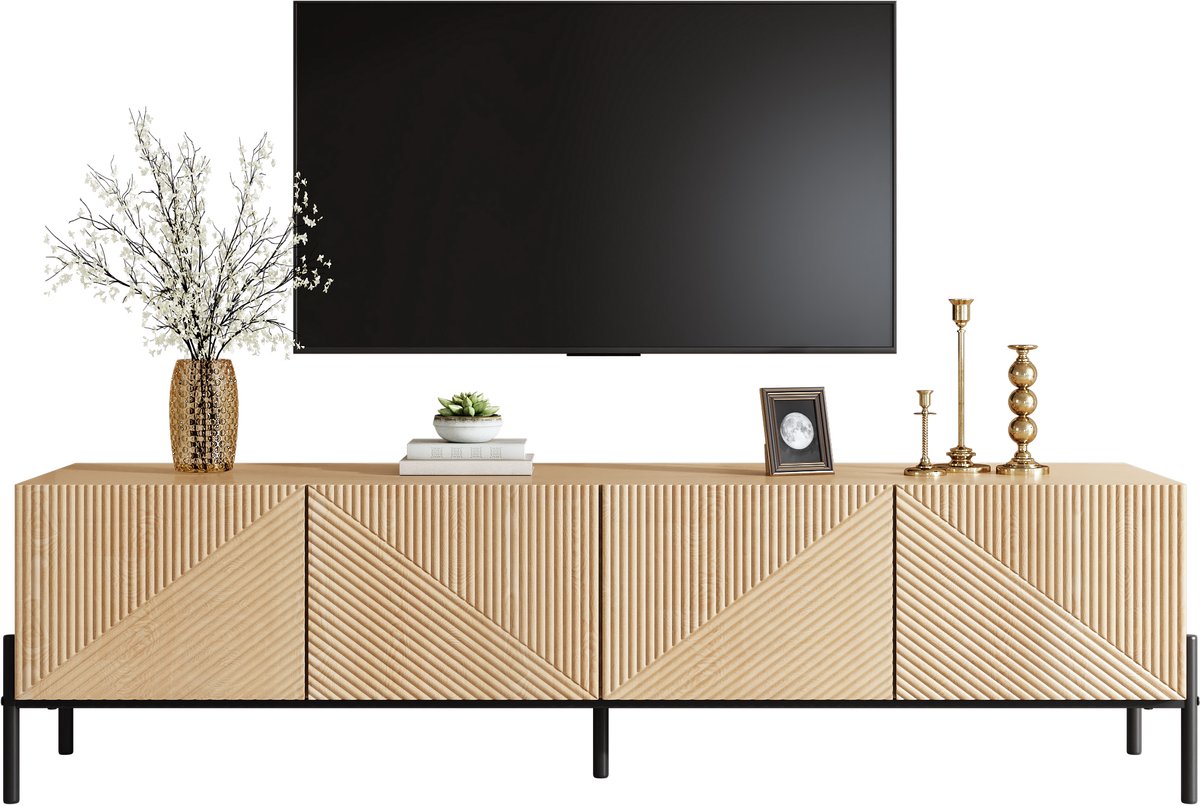 Wishdor - TV-Meubel - 4 Deuren En 3D-Textuur - Modern - Voor De Woonkamer - MDF - Naturel - 163,5 X 40 X 45 Cm