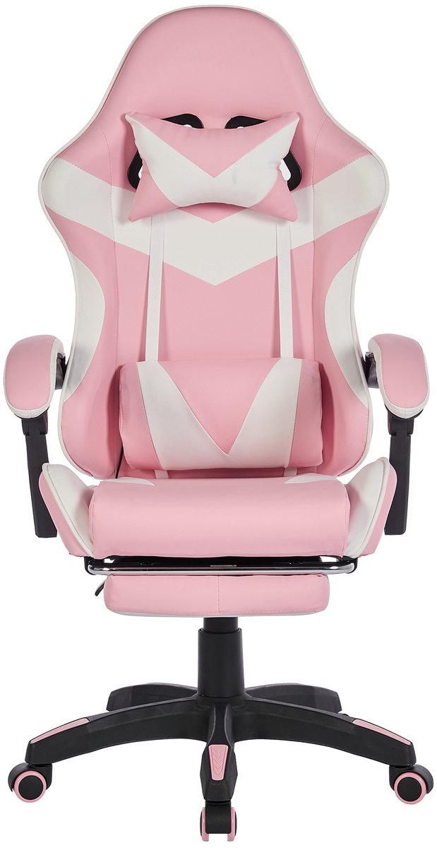Gaming stoel ROLIPO - ergonomische - bureaustoel stoel - 155° verstelbaar met voetensteun en massagefunctie – hoge rug kunstleer stoel met lendensteun en hoofdsteun – 64x52x116 cm – roze