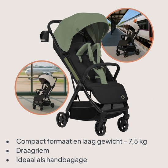 Olijfgroene en zwarte buggy, 7,5 kg. Ideaal als handbagage, getoond bij een vliegtuig en trein.