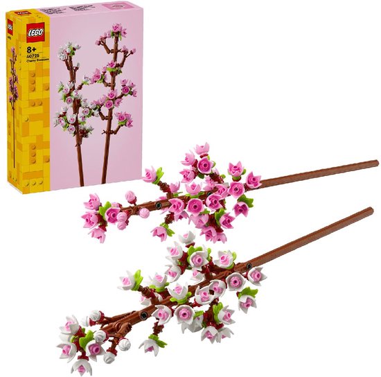 LEGO Kersenbloesem set 40725, met de doos en twee takken met bloemen.
