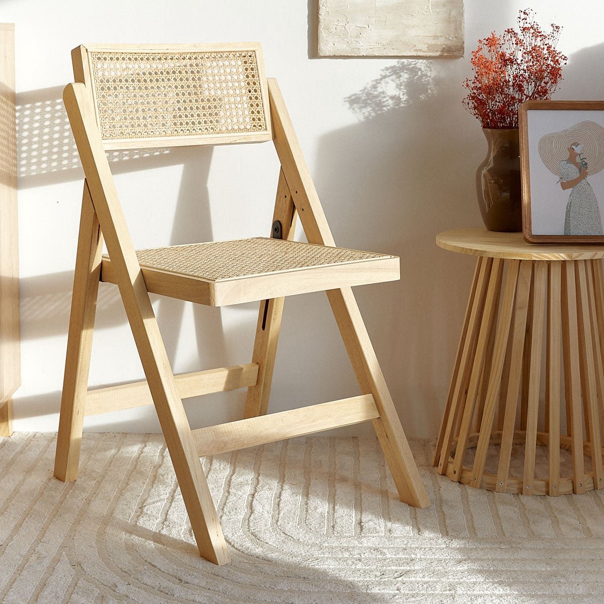 HOMLA - Folding Chair - Wood & Natural Rattan - 46x52x80 cm