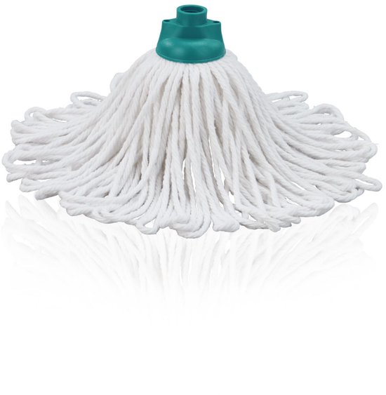 Witte katoenen mopkop met groen plastic omhulsel en reflectie.