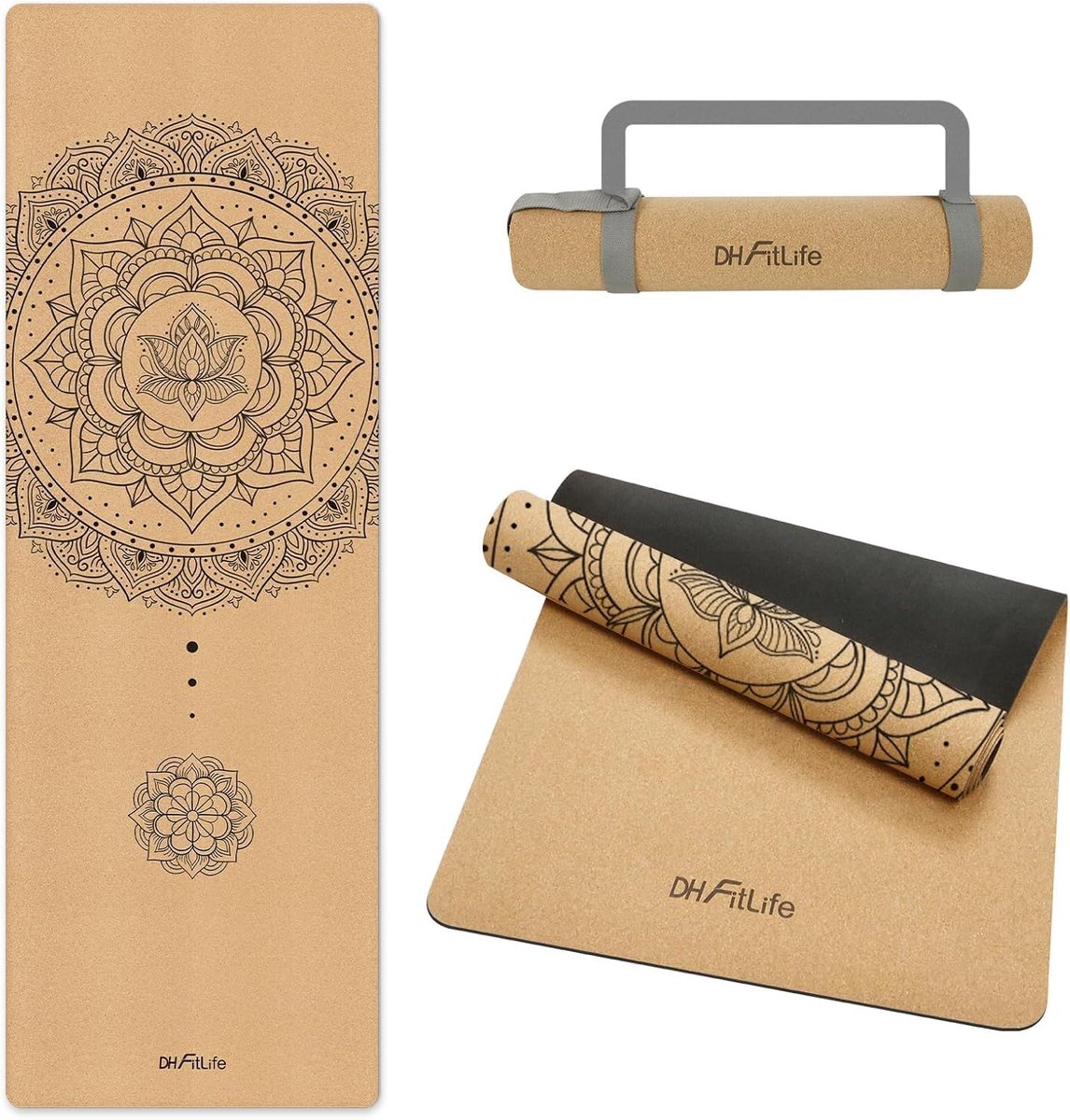 DH FitLife Kurken Yogamat - Antislip van Natuurlijk Rubber, Direct Klaar voor Gebruik, Gemakkelijk te Reinigen, Fitness- en Pilatesmat (Mandala Harmony)