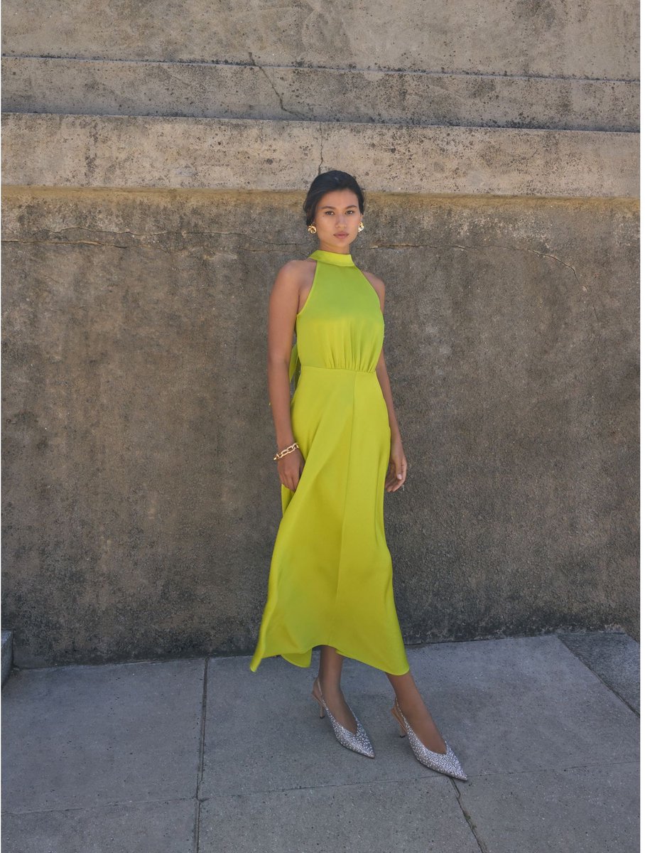 Next - Dames - Satijnen halter mouwloze midi-jurk met textuur - Groen