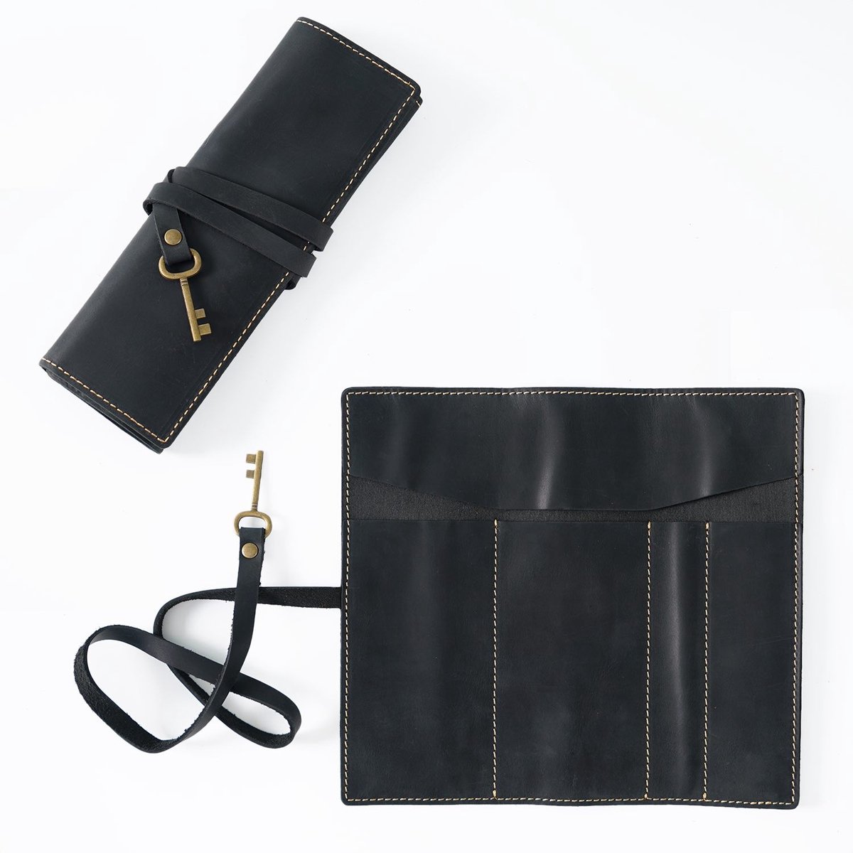 Leren Rol Etui van Top-Grain Rundleer – Pennenhouder voor 10 Pennen - Zwart