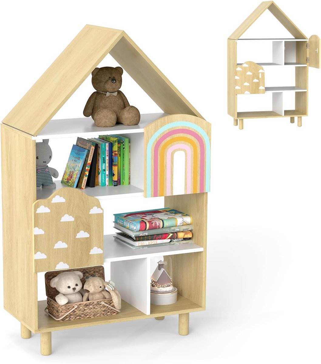 KOMFOTTEU Kinderboekenkast in de vorm van een huis, kinderboekenkast met 4 niveaus en houten poten, opbergmeubel voor boeken voor de slaapkamer, speelkamer en kinderkamer