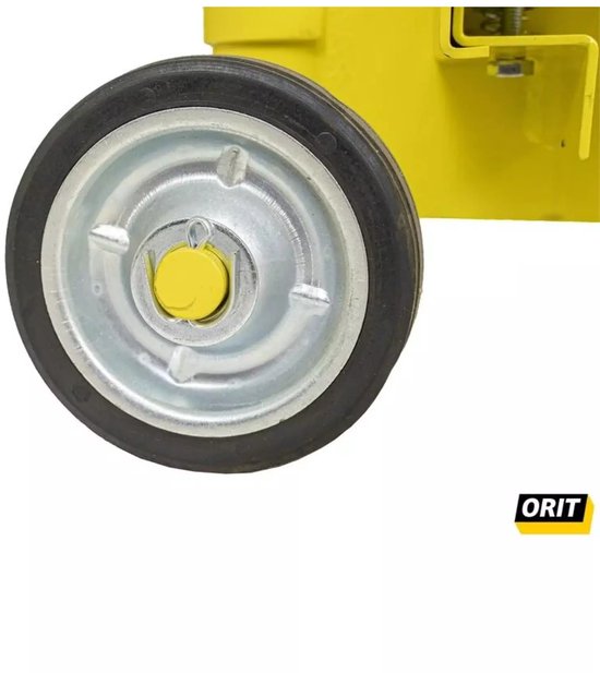 Gedetailleerd beeld van een wiel met een zilverkleurige velg en zwart rubberen band van een gele klinkerknipper.