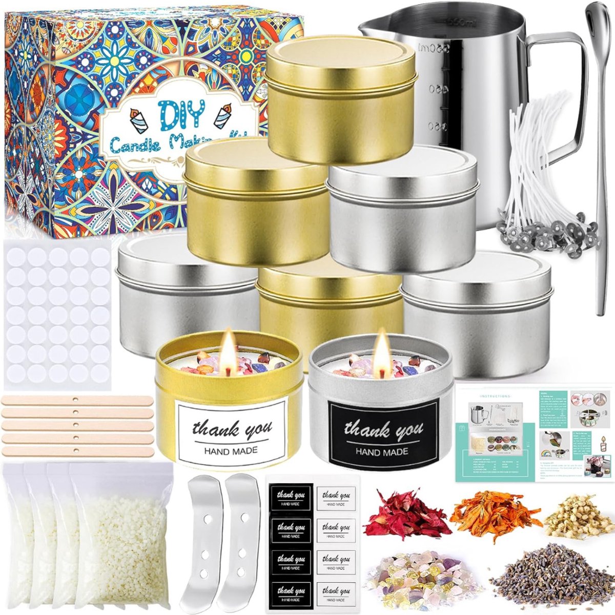 Aurixi® Candle Making Kit – Zelf Kaarsen Maken Set – Met Geurende Bijenwas - Starterspakket - Goud en Zilver - 27cm x 17cm x 12cm