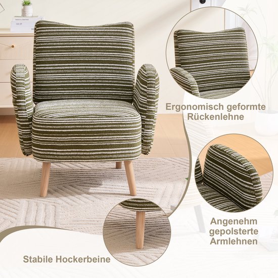 Stoel met groene en witte strepen, ergonomische rugleuning, gewatteerde armleuningen en stevige pootjes.