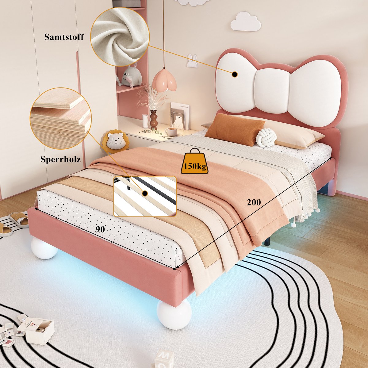 MIVRAY Gestoffeerd Kinderbed 90x200 cm - Hoofdbord Met Strik - Led Lichtstrip Onder Bed - Fluweel - Roze - Zonder matras