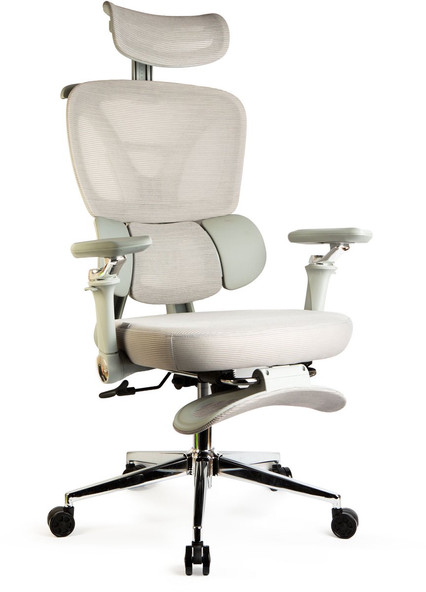 Bureaustoel Met Hoofdsteun En Voetensteun – Ergonomische Draaistoel Met Verstelbare Armleuningen En Gaslift – Mesh Rugleuning Met Gestoffeerde Zitting – Max. 150 Kg – Grijs [BMD1122]