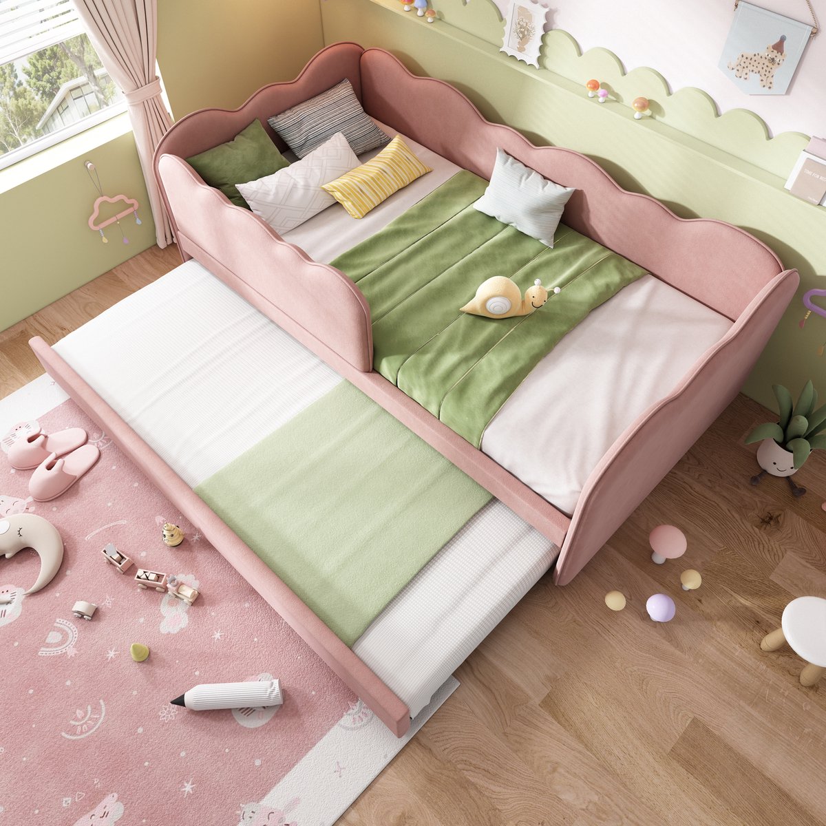 MIVRAY Gestoffeerd Daybed 90x190 cm - Kinderbed Met Uitschuifbed En Lattenbodem - Voor Slaapkamer En Logeerkamer - Fluweel - Roze - Zonder Matras Wit