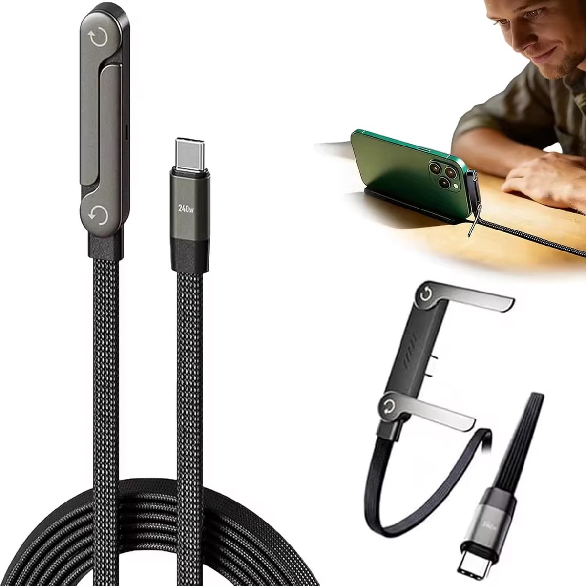 Snellaad Oplaadkabel met Telefoonstandaard - Ideaal voor Gamen & Video kijken- Horizontaal en Verticaal - Perfect voor Gamen en Video,s