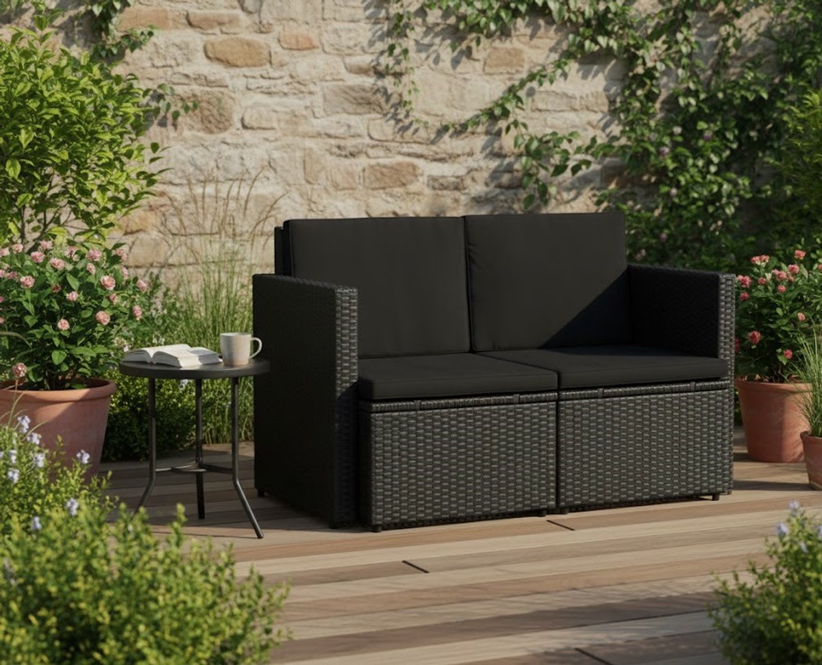 Luxe 2-Zits Tuinbank Poly Rattan met Comfortabele Kussens – Zwarte Buitenbank voor Tuin, Terras en Balkon – Weerbestendig en Lichtgewicht Loungeset House&Garden