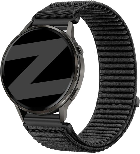 Zwarte smartwatch met stoffen bandje.